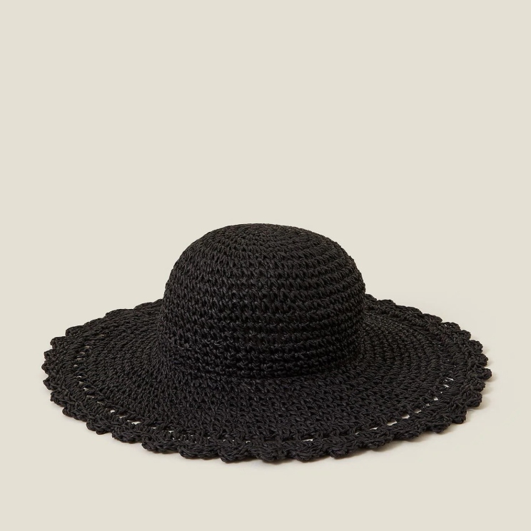 Accessorize, Accessorize Black Scallop Floppy Straw Sun Hat