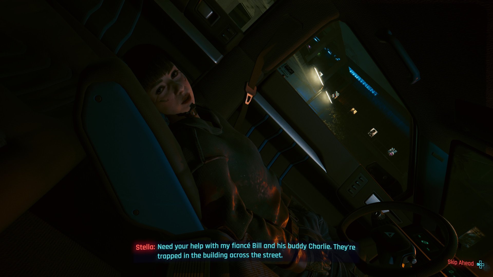 Cyberpunk 2077 screenshot of Stella who lies on a car seat that's fully horizontal to hide from view asking V to help her fiance Bill and his buddy Charlie during the gig Waiting for Dodger