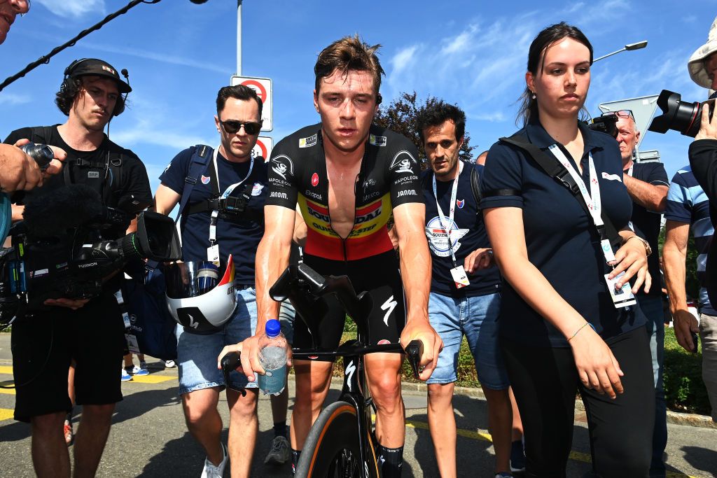 ABTWILL SWITZERLAND JUNE 18 Remco Evenepoel of Belgium and Team Soudal QuickStep reacts after the 86th Tour de Suisse 2023 Stage 8 a 257km individual time trial from St Gallen to Abtwil UCIWT on June 18 2023 in Abtwil Switzerland Photo by Tim de WaeleGetty Images