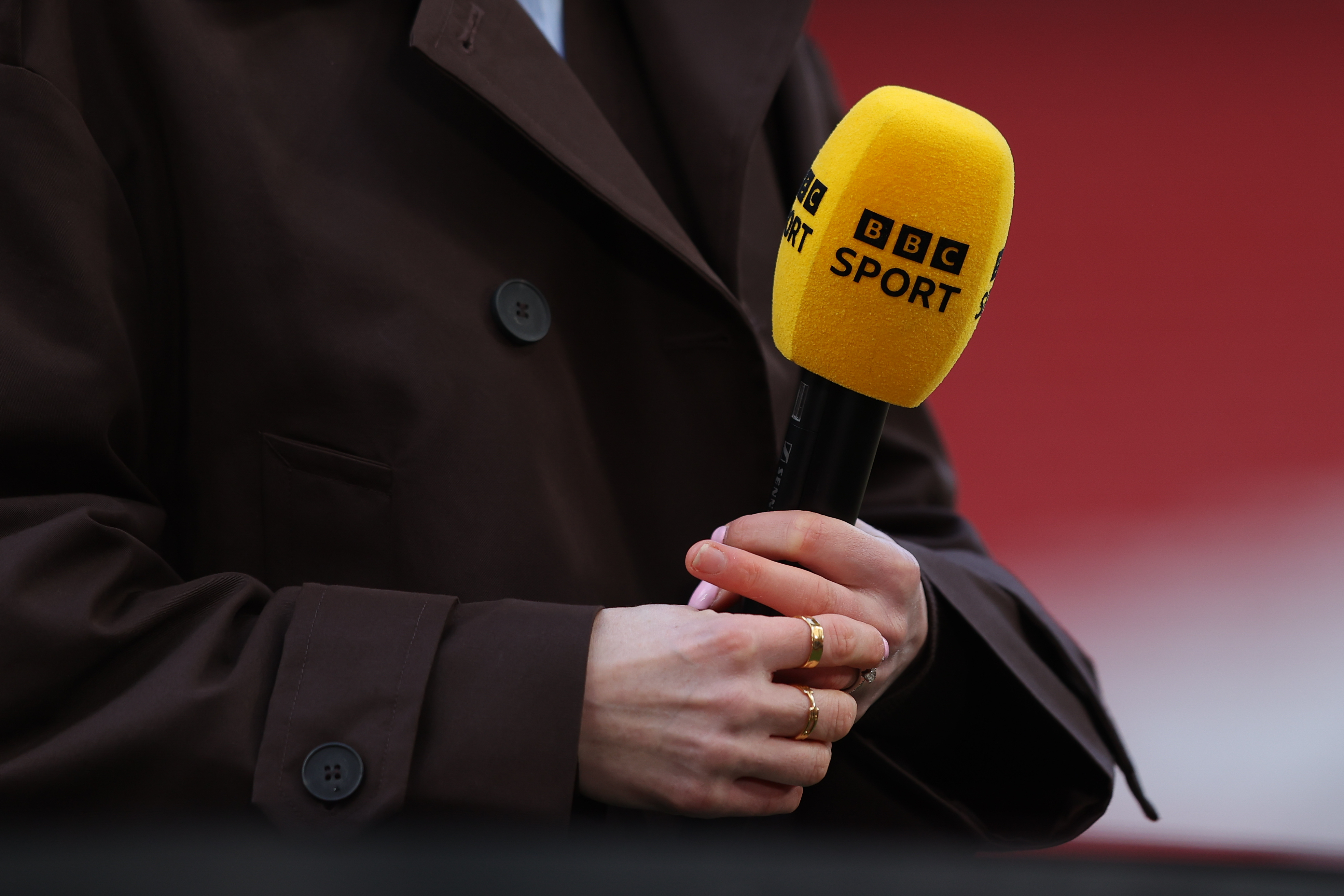 MANCHESTER, ENGLAND - MARCH 28: A BBC Sport branded microphone is seen during the Barclays Women&amp;amp;apos;s Super League match between Manchester United and Manchester City at Old Trafford on March 28, 2026 in Manchester, England. (Photo by James Gill - Danehouse/Getty Images)