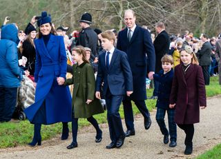 Catherine, Princess of Wales, Princess Charlotte of Wales, Prince George of Wales, Prince William, Prince of Wales, Prince Louis of Wales and Mia Tindall attend Christmas Morning Service at Sandringham Church