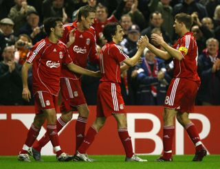 Liverpool players celebrate a goal in their 8-0 win over Besiktas in the Champions League group stages at Anfield in November 2007.