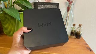 WiiM Pro Plus music streamer held in hand in front of house plant and wooden table