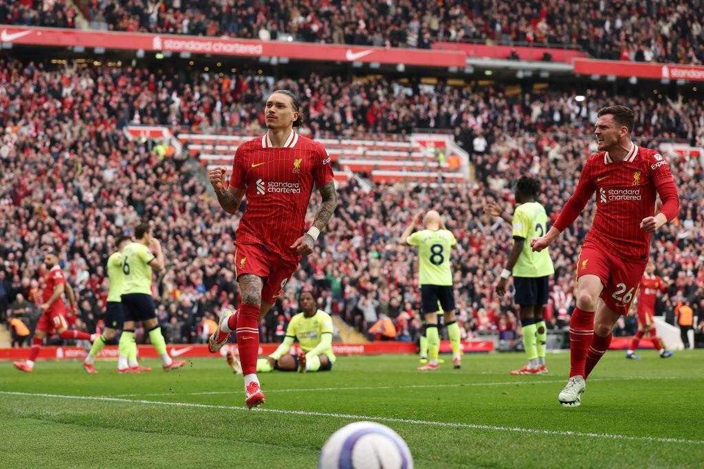 Darwin Nunez of Liverpool celebrates scoring his team&#039;s first goal during the Premier League match between Liverpool FC and Southampton FC at Anfield on March 08, 2025 in Liverpool, England.