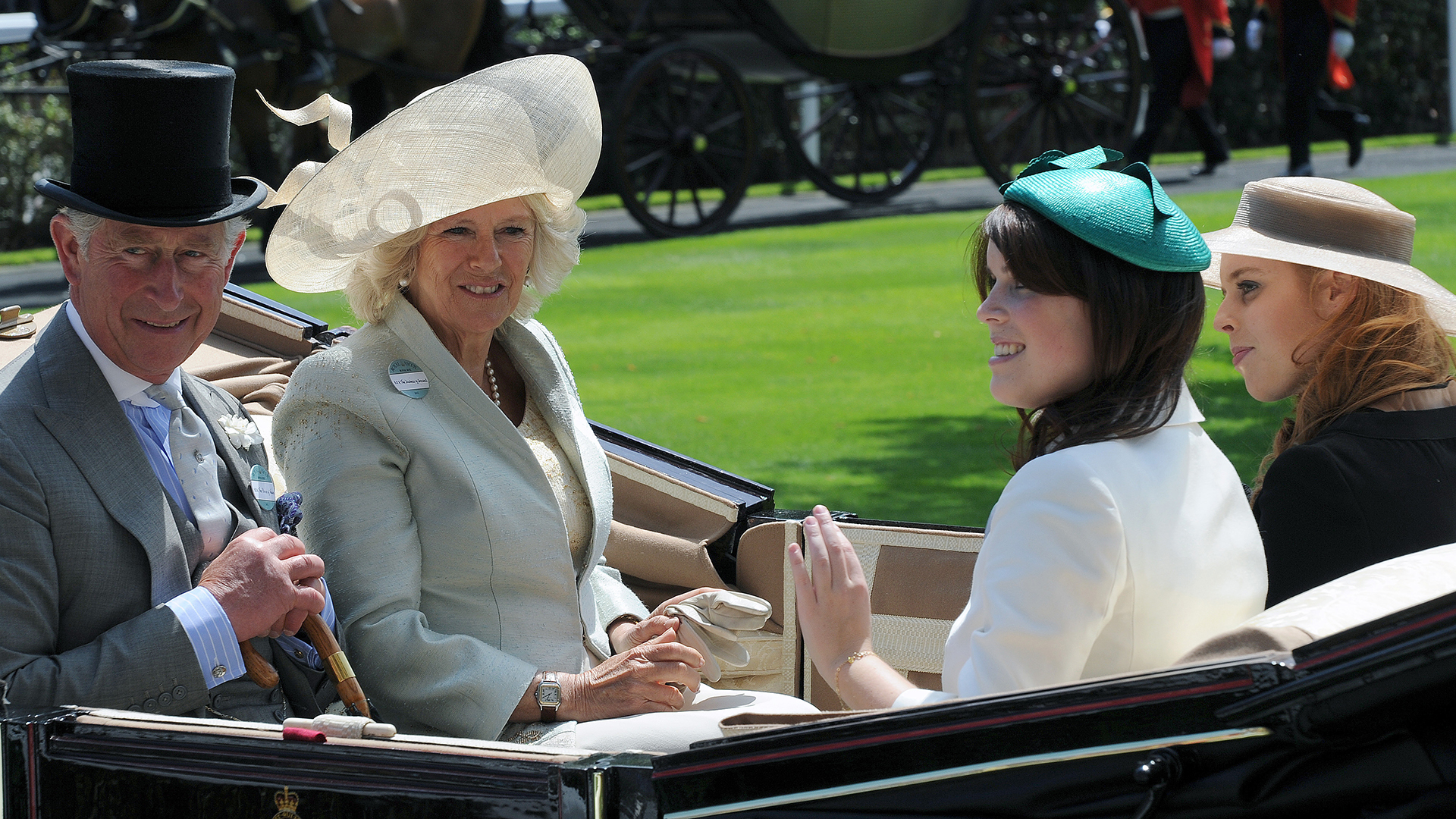 Prince Charles, Prince of Wales, Camilla, Duchess of Cornwall, Princess Beatrice and Princess Eugenie arrive in an open carriage on the first day of Royal Ascot on June 14, 2011 in Ascot, United Kingdom.
