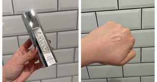 Two adjacent images showing a handheld view of the Il Makiage Primer (left) and the clear formula on the back of a hand (right)