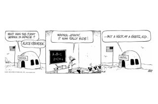 three-panel b.c. comic strip from september 25, 2002, discussing the first woman in space.