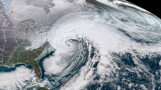 The National Oceanic and Atmospheric Administration (NOAA) GOES-16 satellite caught a dramatic view of the bomb cyclone moving up the East Coast on Jan. 4, 2017. This is NOT an image of the current nor'easter.