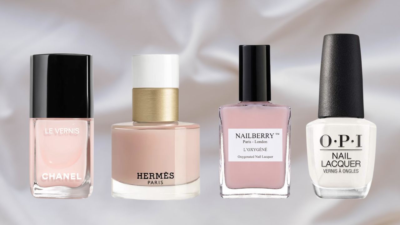 A collection of sheer nail polishes from Chanel, Hermes, Nailberry and OPI/ in a minimalistic, white fabric template