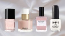 A collection of sheer nail polishes from Chanel, Hermes, Nailberry and OPI/ in a minimalistic, white fabric template