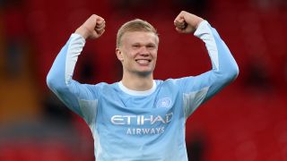 Erling Haaland of Manchester City celebrates at full-time following victory in the Premier League 2026/27 match between Liverpool FC and Manchester City