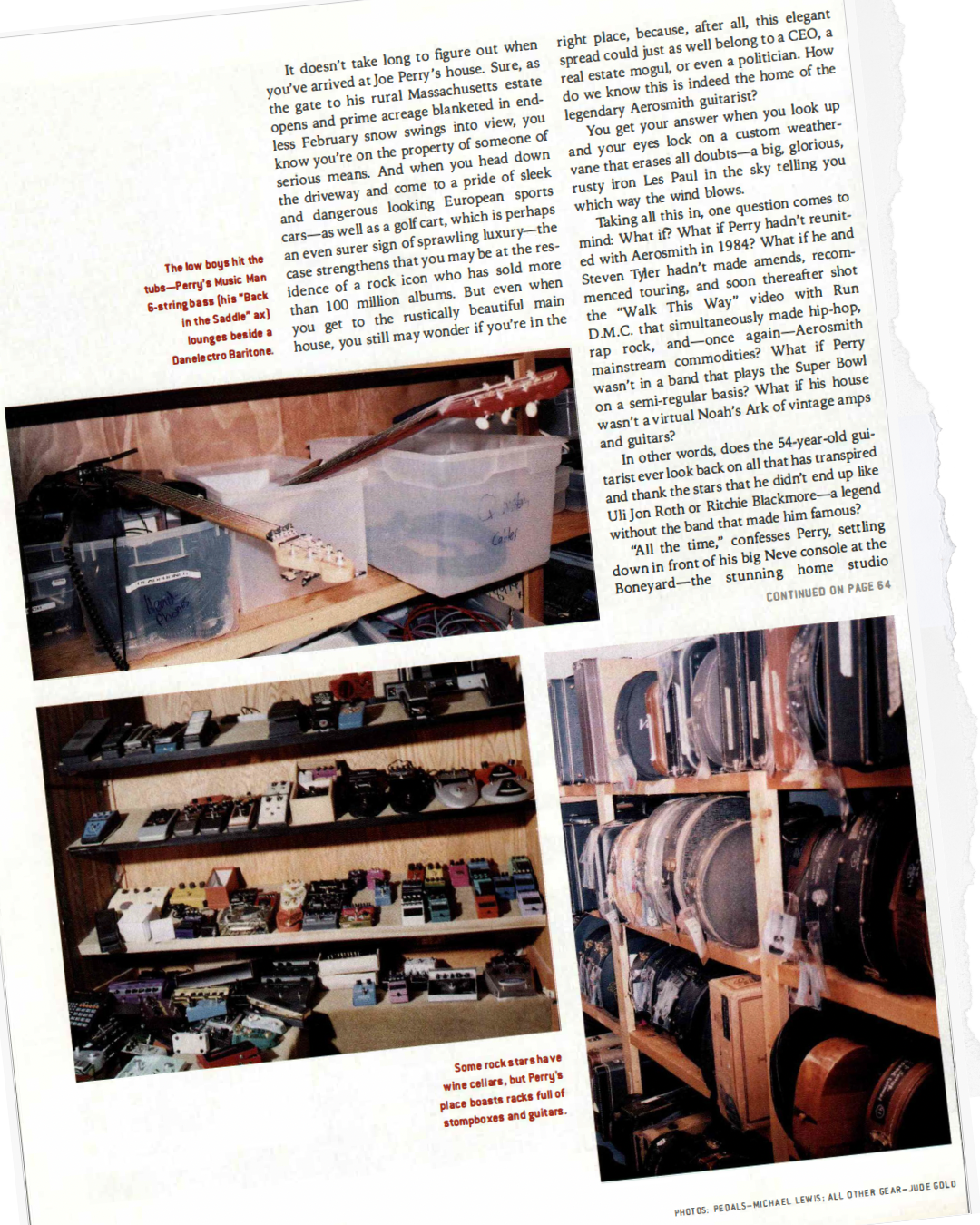 A magazine page from the 2005 cover story, with images of Joe's pedals and guitars