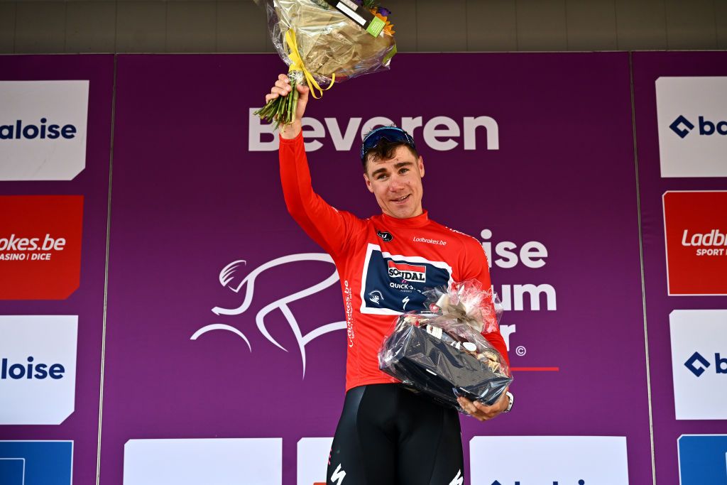BEVEREN BELGIUM JUNE 16 Fabio Jakobsen of The Netherlands and Team Soudal QuickStep celebrates at podium as Red Points Jersey winner sprints during the 92nd Baloise Belgium Tour 2023 Stage 3 a 152km individual time trial stage from Beveren to Beveren on June 16 2023 in Beveren Belgium Photo by Mark Van HeckeGetty Images