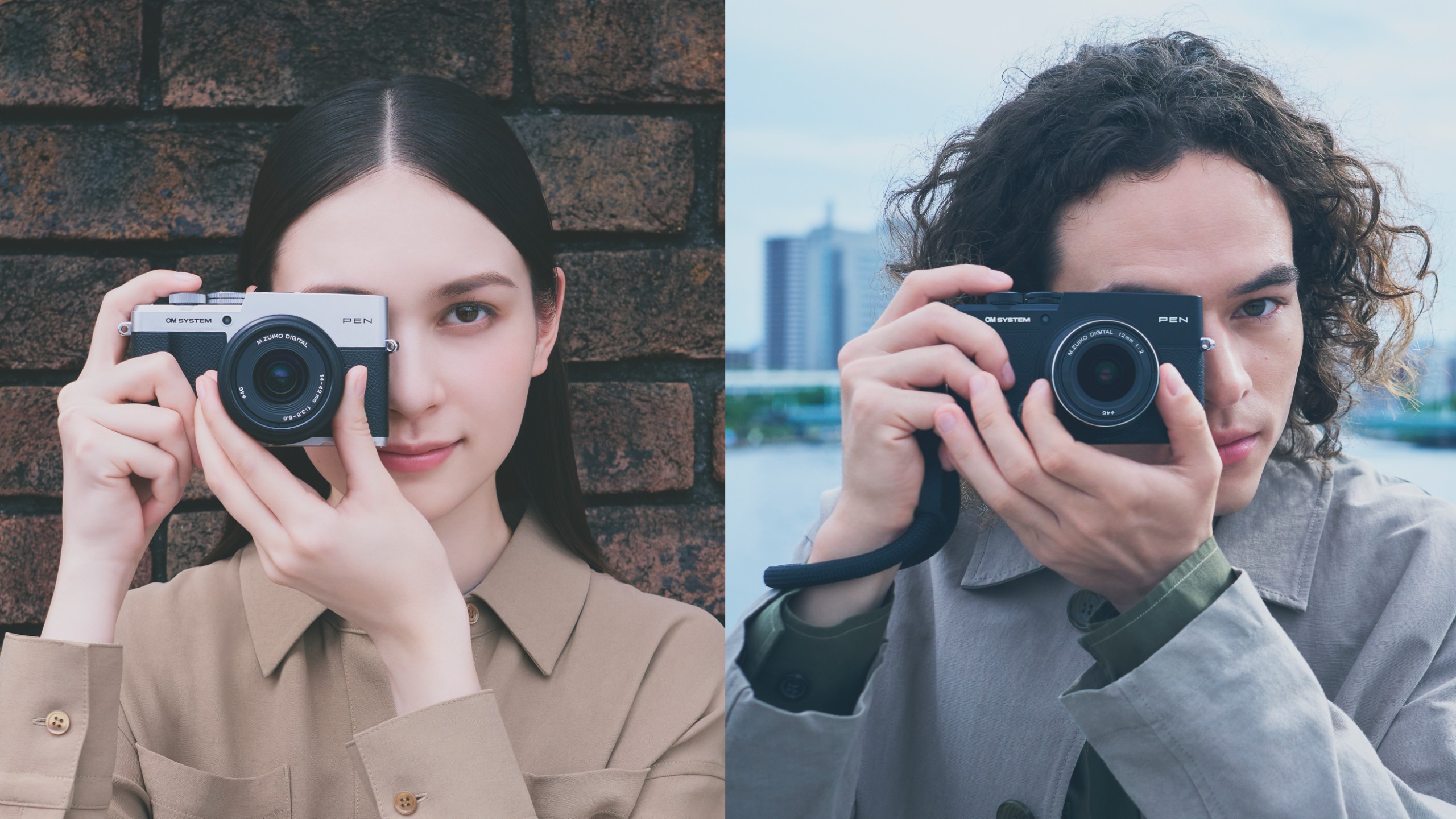 Side-by-side images of two photographers using the OM System PEN, one in silver and one in black