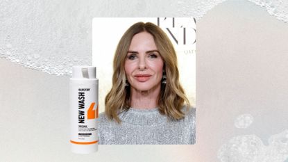 Image of Trinny Woodall smiling with curled brunette bob, wearing a silver dress, on a pastel watercolour background with picture of Hairstory New Wash and foam