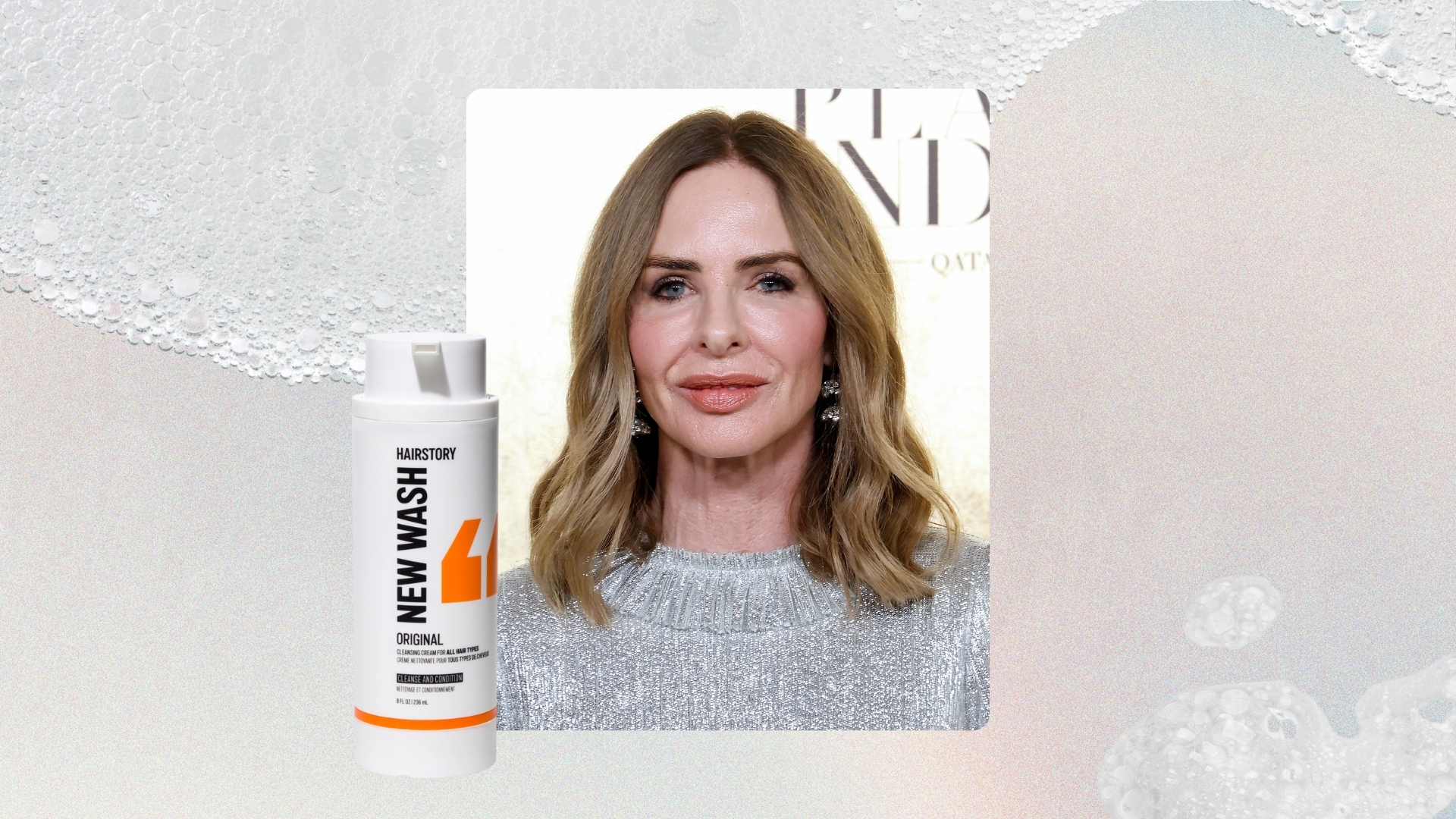 Image of Trinny Woodall smiling with curled brunette bob, wearing a silver dress, on a pastel watercolour background with picture of Hairstory New Wash and foam