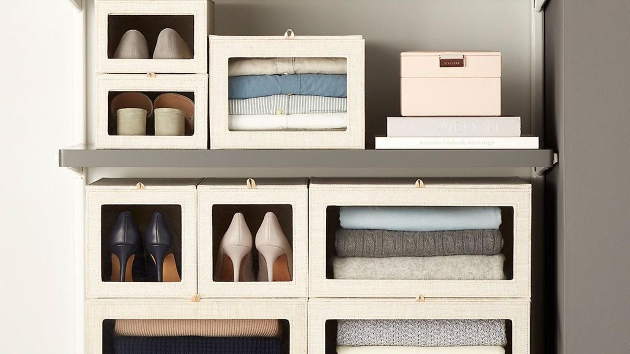 Linen Cambridge Drop-Front Sweater Boxes in closet with shoes, folded clothing and more inside