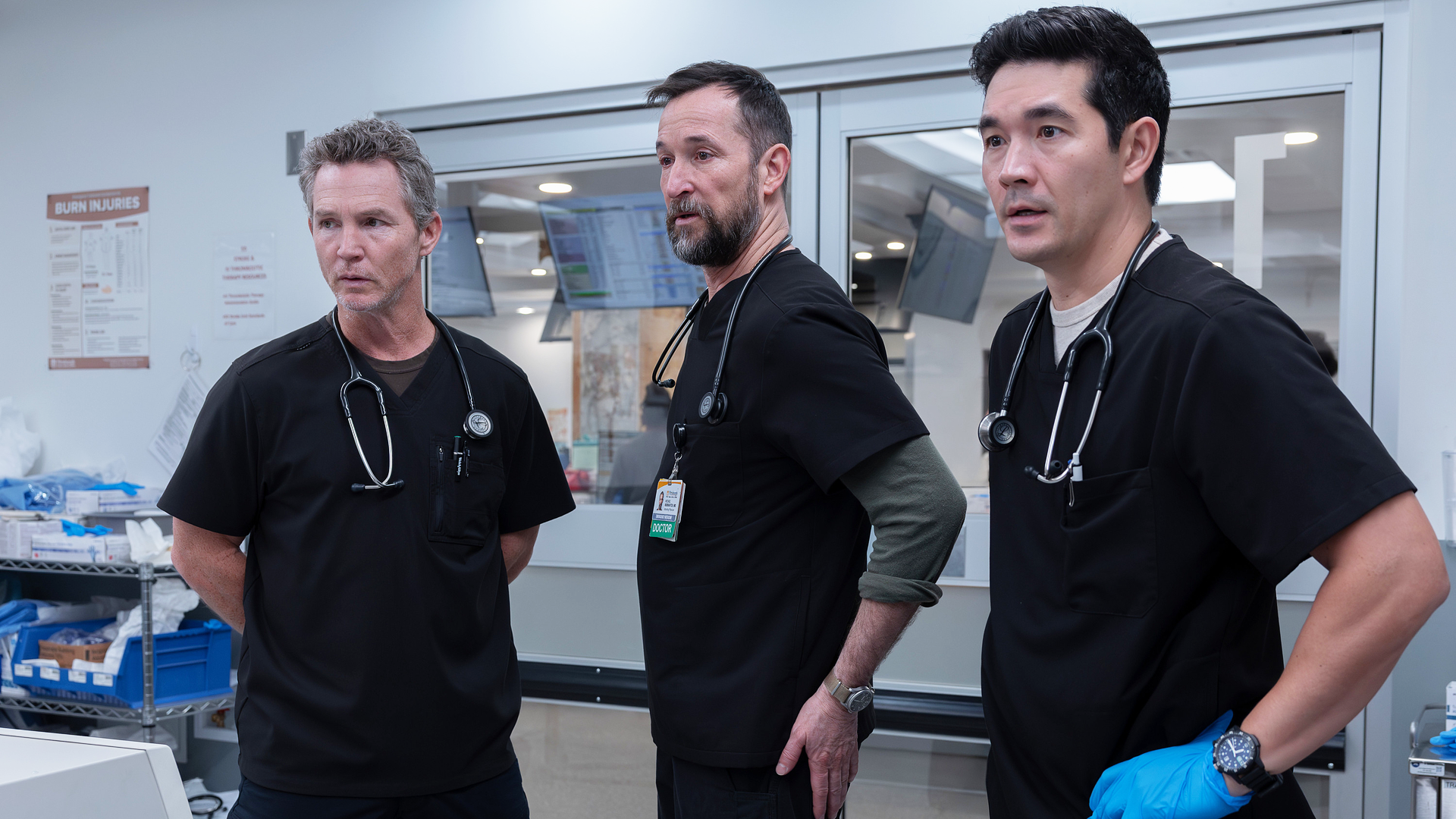 (L-R) Shawn Hatosy, Noah Wyle and Ken Kirby in episode 215 of "The Pitt."