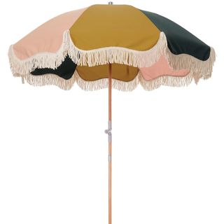 A striped sun umbrella