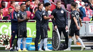 Arsenal's 15-year-old midfielder Ethan Nwaneri comes on to make his Premier League debut in the game against Brentford.