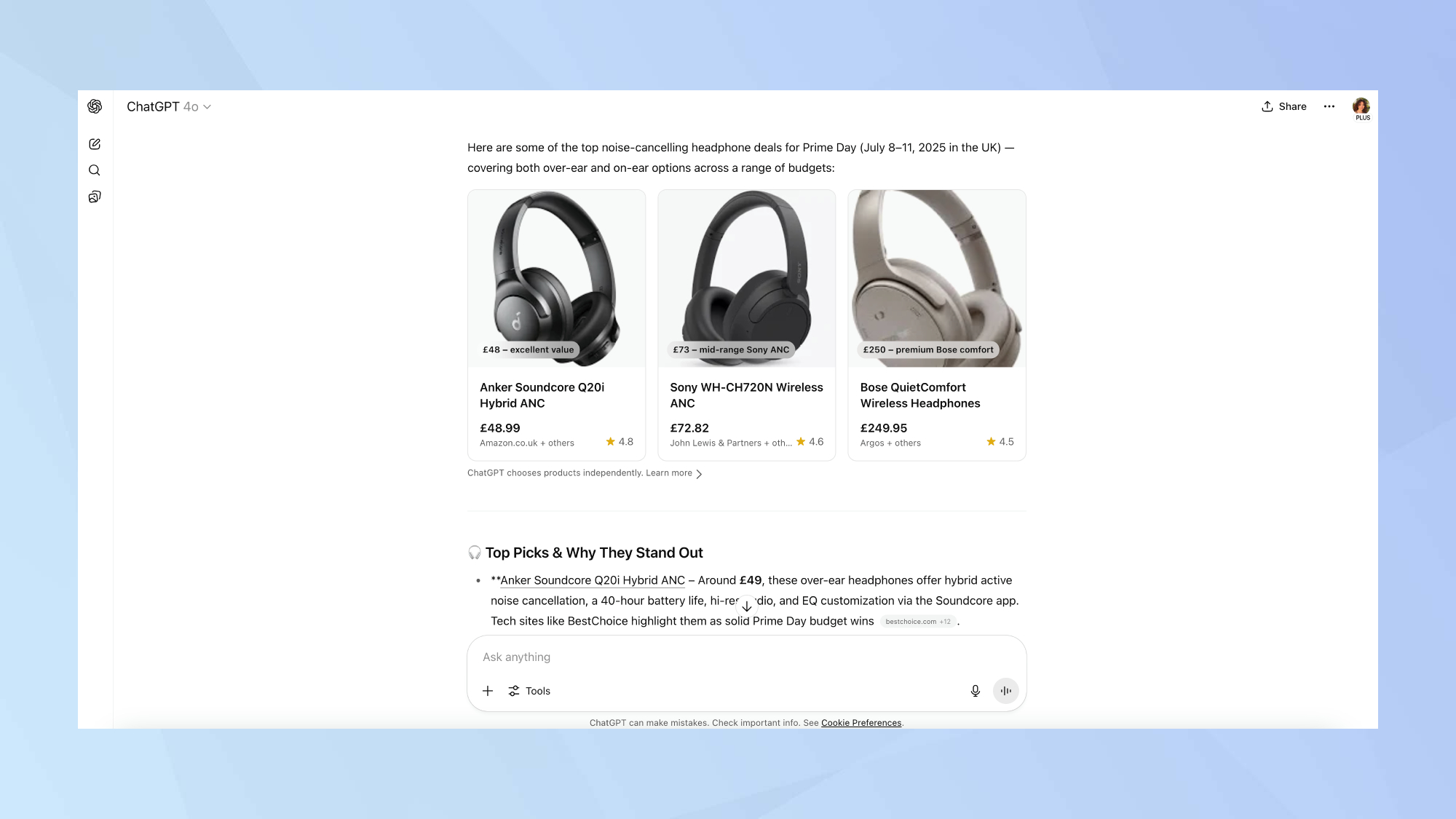 ChatGPT product specific Prime Day prompt