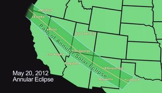 This NASA graphic of the western United States depicts the path of the annular solar eclipse of May 20, 2012, when the moon will cover about 94 percent of the sun's surface as seen from Earth.