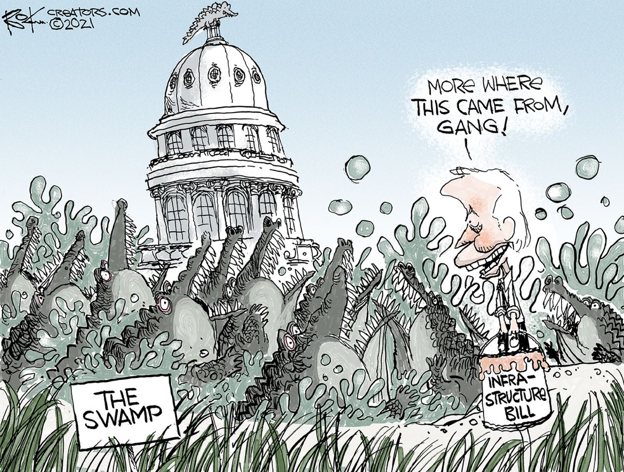 Political Cartoon U.S. biden infrastructure bill swamp