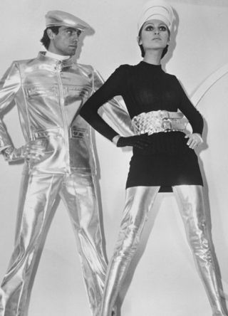 Space age outfits in silver vinyl by Pierre Cardin, on display at Fashion Week in Paris, 26th January 1968.