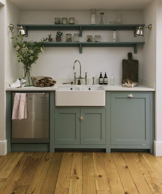 small basement kitchen with green cabinets and open shelving