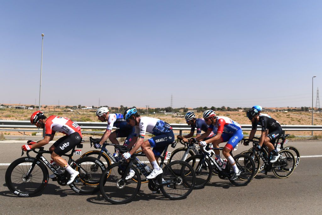 JEBEL HAFEET UNITED ARAB EMIRATES FEBRUARY 26 A general view of Gianni Vermeersch of Belgium and Team AlpecinFenix Clement Davy of France and Team Groupama FDJ Daryl Impey of South Africa and Team Israel Premier Tech Michael Schwarzmann of Germany and Team Lotto Soudal Michael Morkov of Denmark and Team QuickStep Alpha Vinyl Kaden Groves of Australia and Team Bikeexchange Jayco and Joris Nieuwenhuis of Netherlands and Team DSM competing in the breakaway during the 4th UAE Tour 2022 Stage 7 a 148km stage from Al Jahili Fort to Jebel Hafeet 1025m UAETour WorldTour on February 26 2022 in Jebel Hafeet United Arab Emirates Photo by Tim de WaeleGetty Images