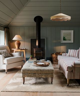 coastal cabin style living room with log burner fireplace and a woven rug
