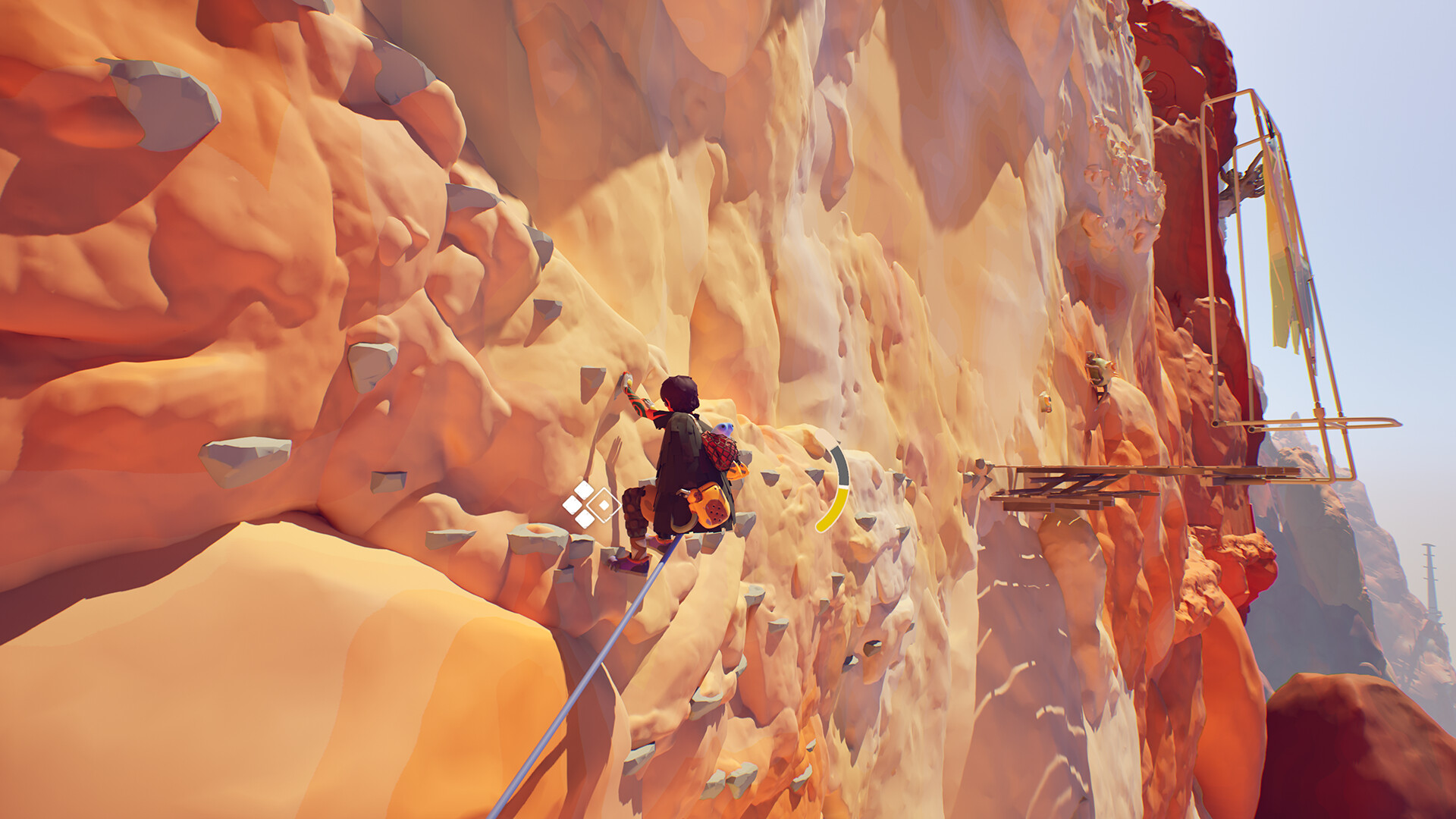 The protagonist of Jusant climbing along a cliff wall.