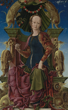 A Muse (Calliope?), about 1455–60, by Cosimo Tura (about 1430–95), oil with egg on poplar, 45¾in by 28in, National Gallery, London.