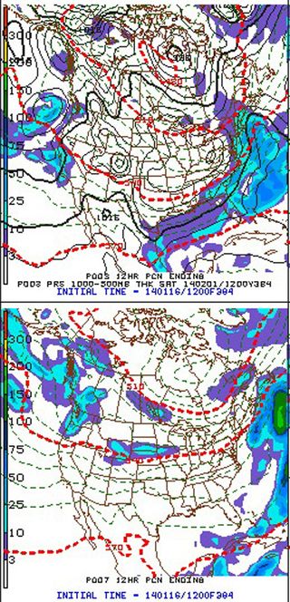 The 384-hr forecast from the operational National Weather Service's Global Forecast System differs from many of the ensemble runs carried out for the same time period, including these two (top and bottom panels above).