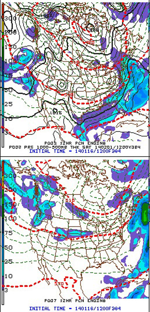 The 384-hr forecast from the operational National Weather Service's Global Forecast System differs from many of the ensemble runs carried out for the same time period, including these two (top and bottom panels above).