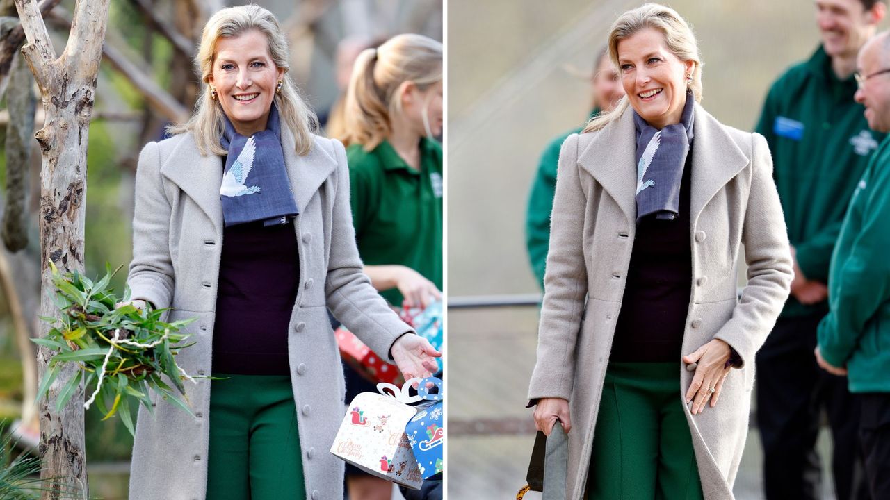 Composite of two pictures of Duchess Sophie wearing a grey coat, emerald green trousers and a maroon jumper as she visits London Zoo in 2022