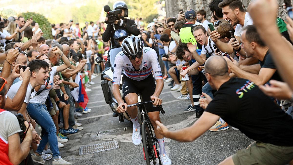 Tadej Pogacar of Slovenia and UAE Team Emirates, surrounded by a cheering crowd, attacks in the breakaway during last year&#039;s Il Lombardia – ahead of the Il Lombardia live stream 2024 