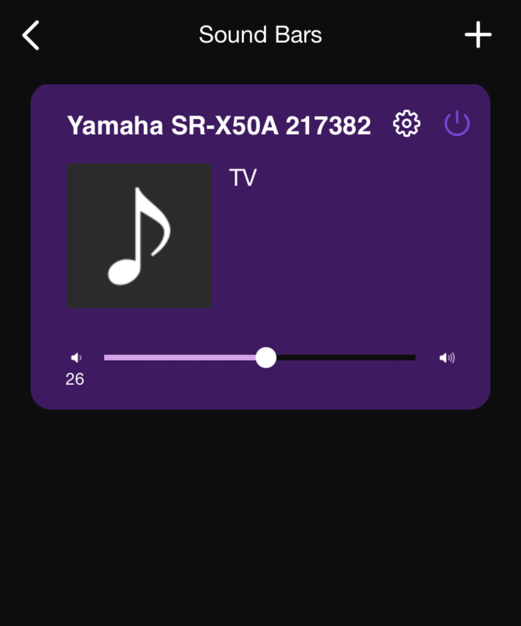 Screenshot of Yamaha Sound Bar app&#039;s main screen, showing that the True X Bar 50A / True X Bar 40A is playing from the TV.