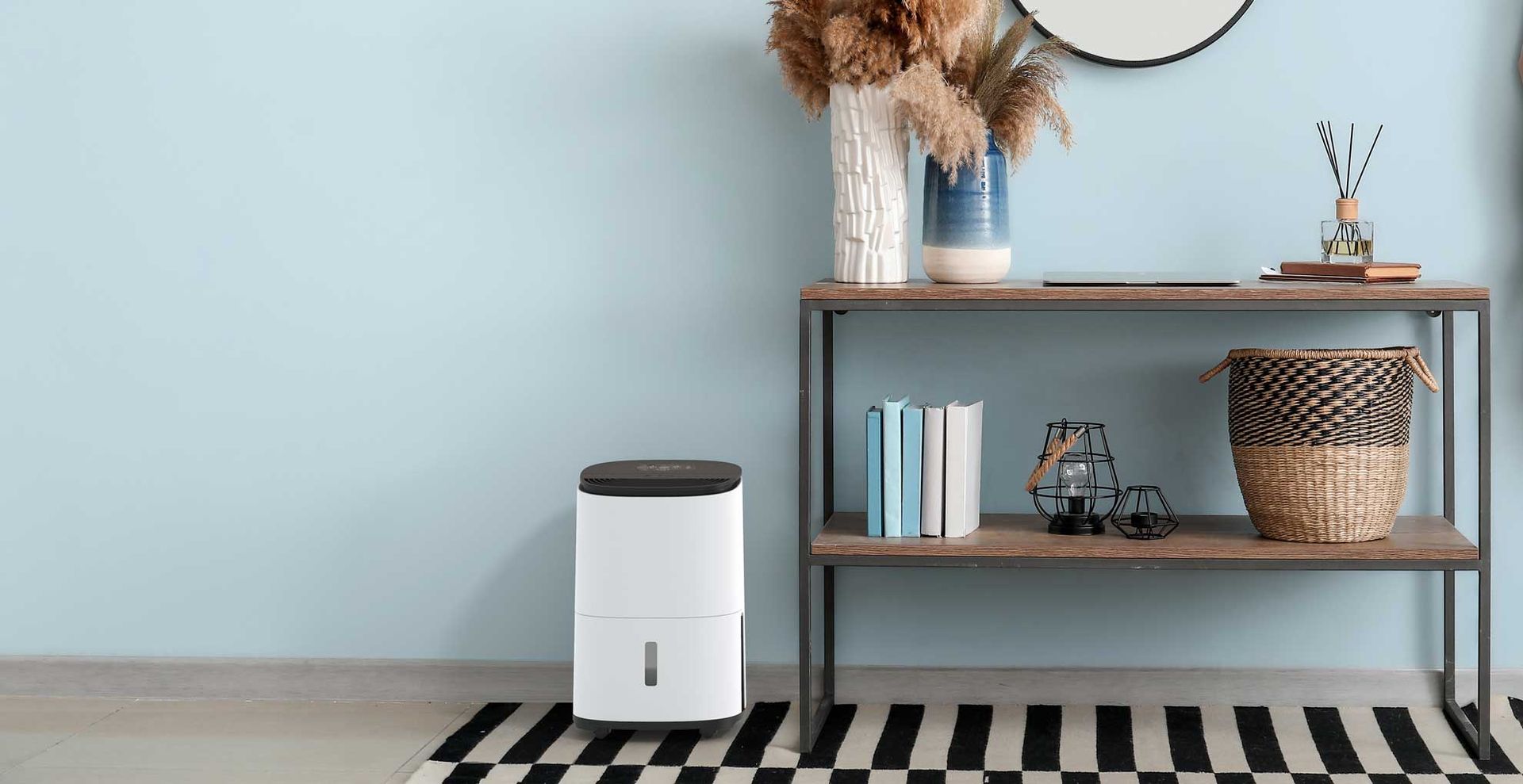 blue hallway with dehumidifier next to a wooden sideboard