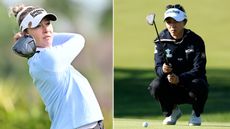 Nelly Korda hits a driver off the tee, whilst Lydia Ko lines up a putt