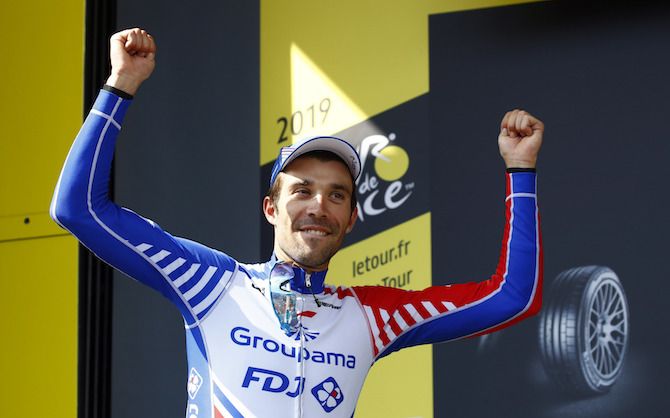 Groupama-FDJ's Thibaut Pinot enjoys the applause on the podium having won stage 14 of the 2019 Tour de France on the Col du Tourmalet