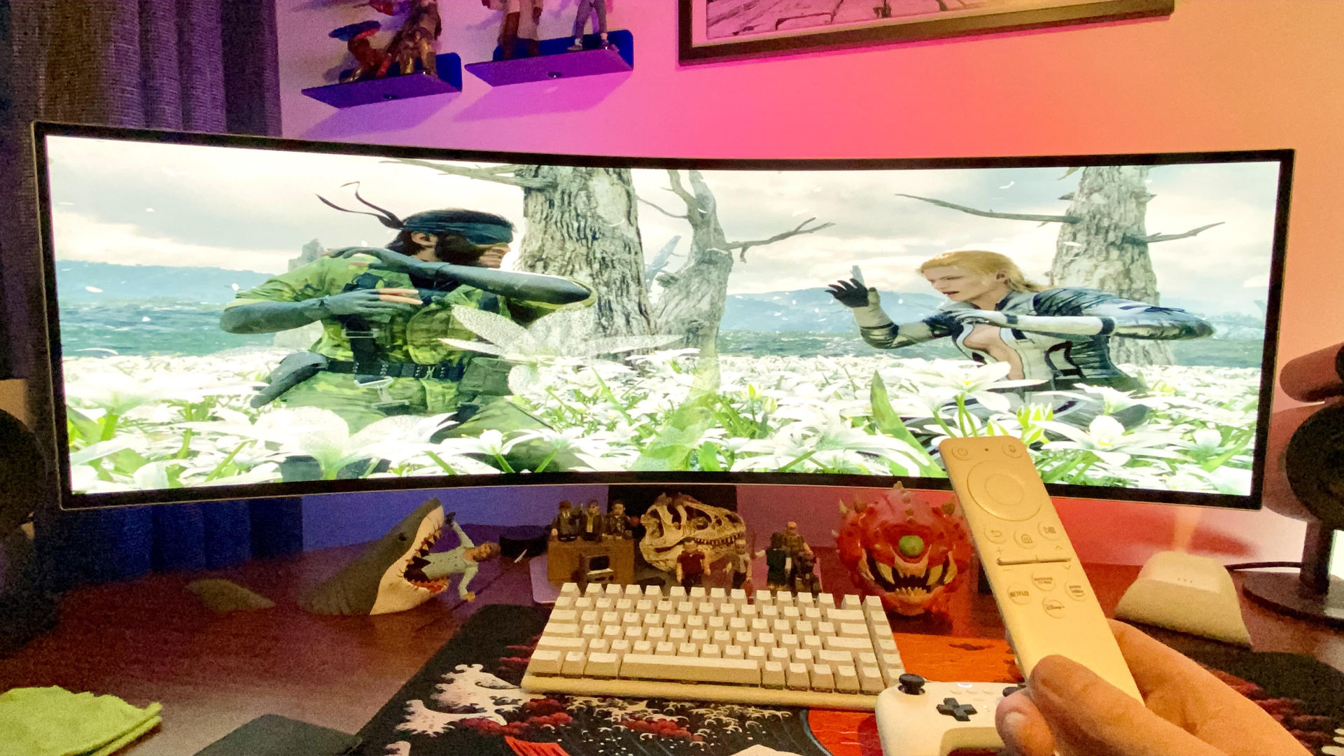 A Samsung Odyssey OLED G9 playing Metal Gear Solid Delta: Snake Eater. 