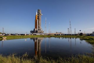 NASA’s Artemis 1 moon rocket — carried atop the crawler-transporter 2 vehicle — as it approaches Launch Pad 39B at the agency’s Kennedy Space Center in Florida. NASA will roll SLS and Orion back to the Vehicle Assembly Building (VAB) at Kennedy next week to prepare the rocket and spacecraft for launch.