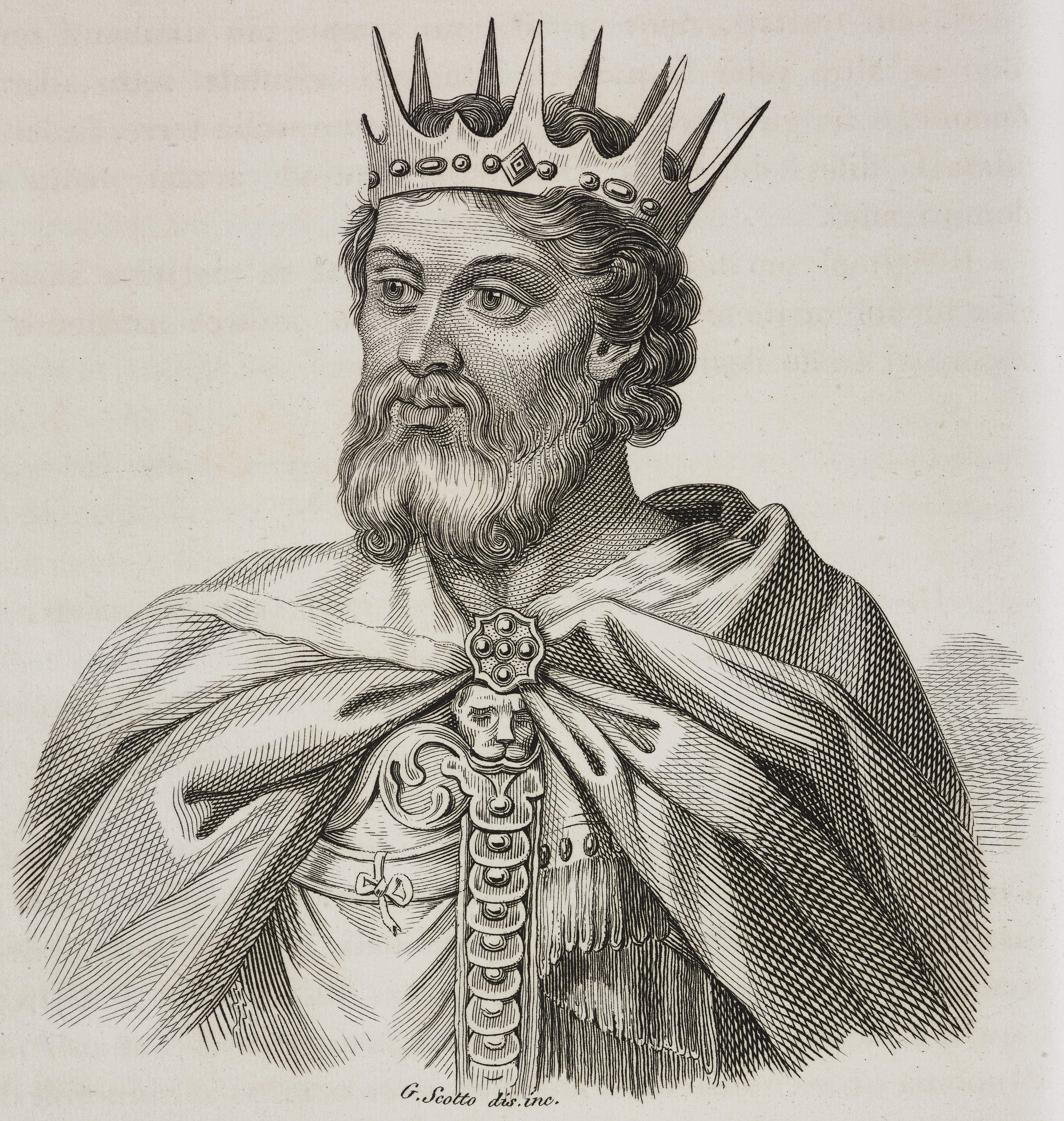 A black-and-white portrait of Theoderic or Theodoric, who is wearing a crown, cape and armor.
