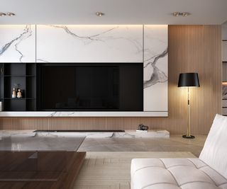 modern living room with modern fireplace and wall paneling