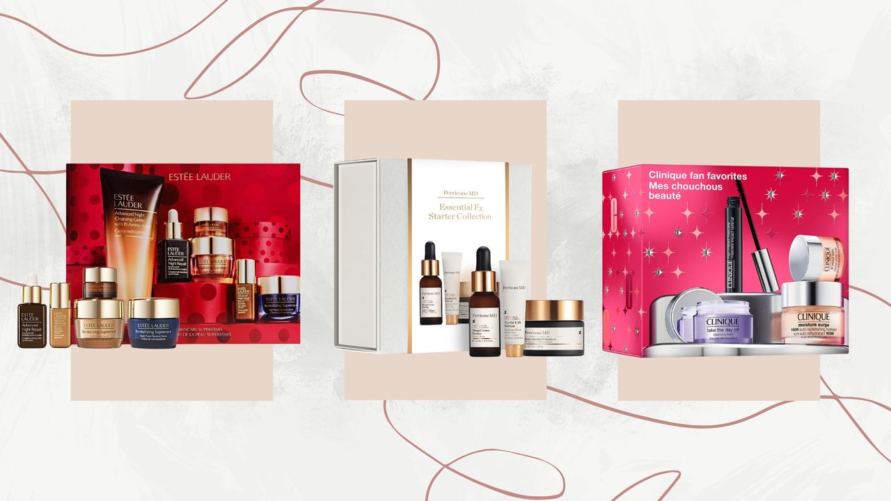 Collage of beauty boxes (L-R) from Estee Lauder, Perricone MD and Clinique, on a white marble background with beige boxes and mauve swirls