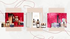 Collage of beauty boxes (L-R) from Estee Lauder, Perricone MD and Clinique, on a white marble background with beige boxes and mauve swirls