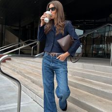 Fashion editor, Judith Jones in navy blue blazer and jeans
