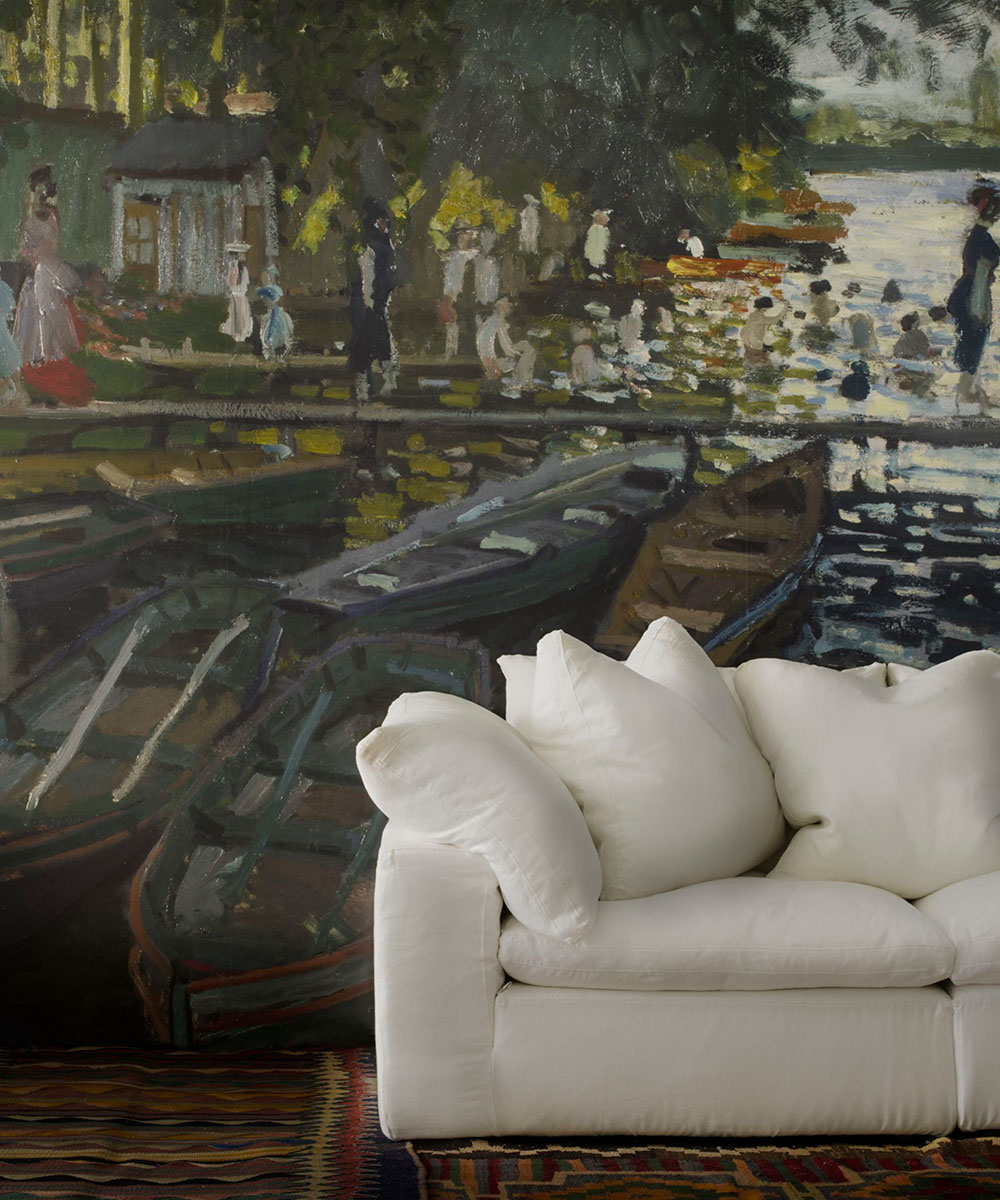 An example of wallpaper trends showing a white sofa in front of a mural wall painting