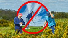 Two golfers searching for a lost ball, with one signalling a slow play issue and one looking despairingly, with an inset of returning to the tee with a red circle to indicate it shouldn't be allowed